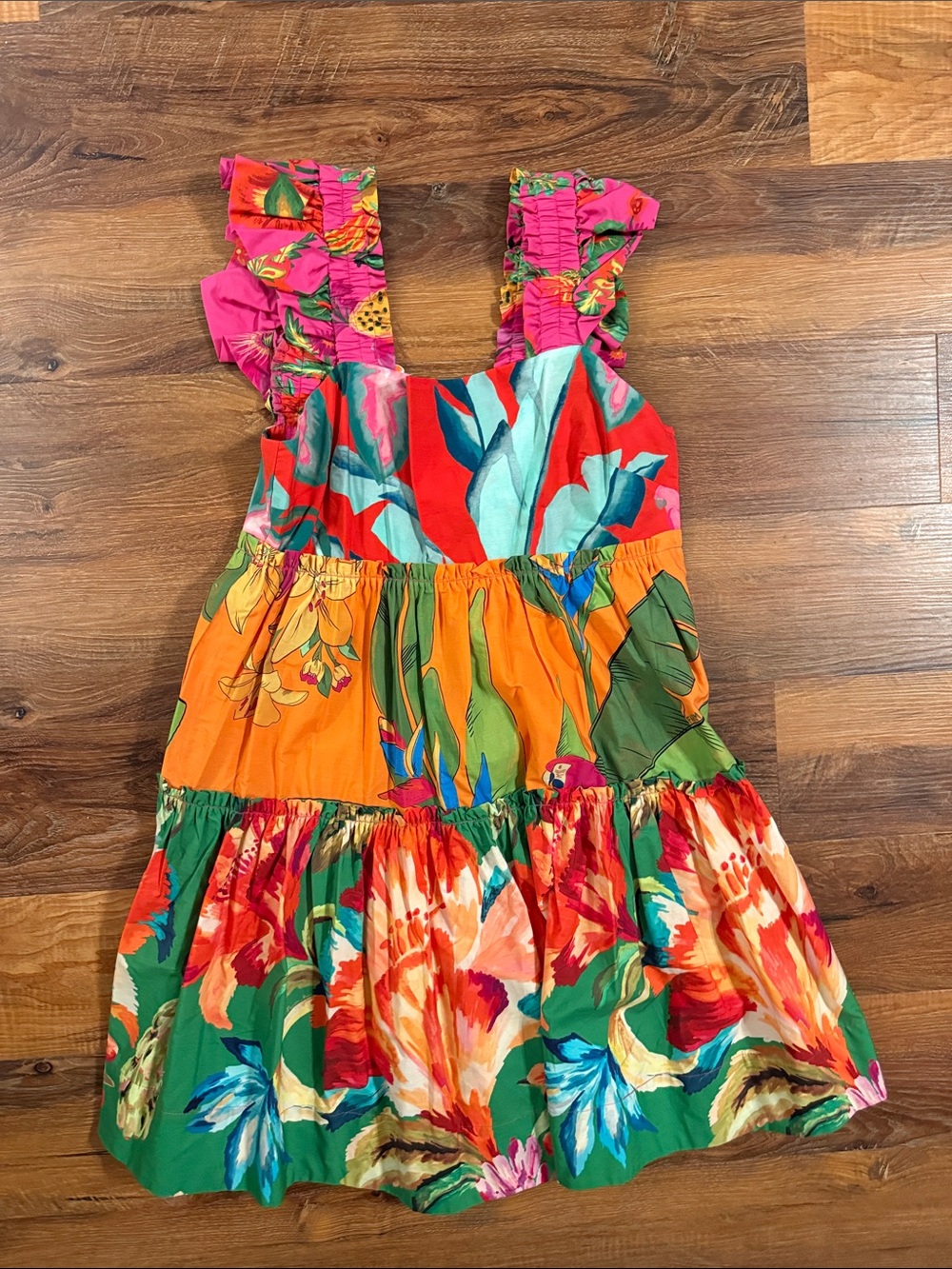 Vibrant Floral Tiered Dress - Pink, Orange, Green